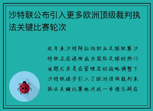 沙特联公布引入更多欧洲顶级裁判执法关键比赛轮次
